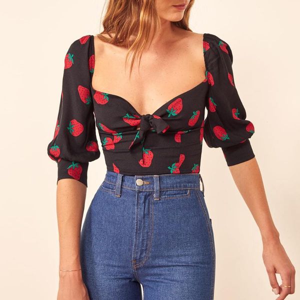 

women's blouses & shirts women casual 2021 fashion sweetheart neck tie bow strawberry print blouse back smocked slim fitted puff sleeve, White