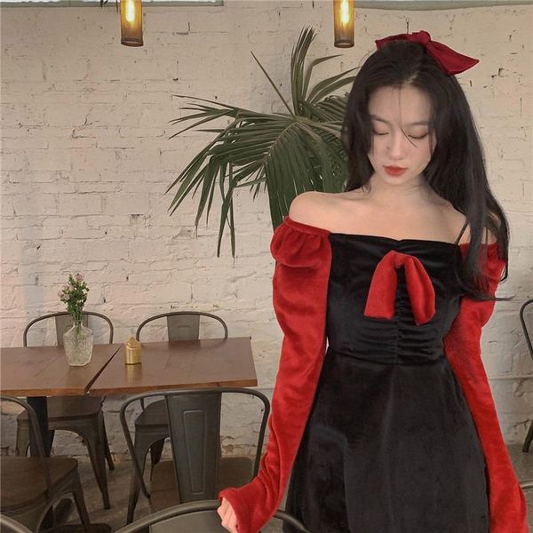 

christmas dress women's winter korean french retro casual dresses, Black;gray