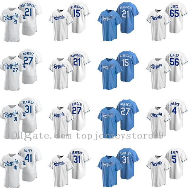 

2021 royals 16 bo jackson13 salvador perez 1 nicky lopez 12 jorge soler 5 george brett 4 alex gordon 41 danny duffy keller baseball jerseys, Blue;black