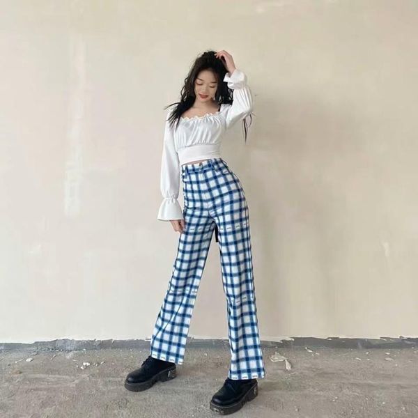 

women's pants & capris luck a korean fashion women plaid long vintage high waist casual street retro trousers straight bottoms, Black;white