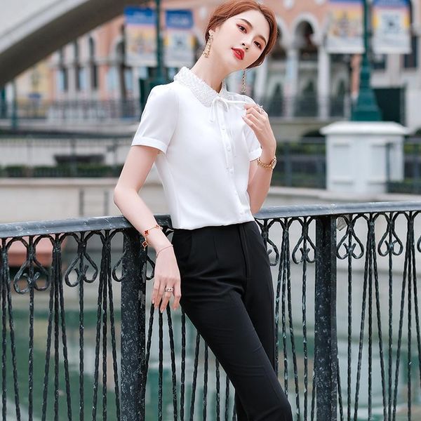 

women's blouses & shirts fashion women white short sleeve summer office ladies 2 piece pant and sets