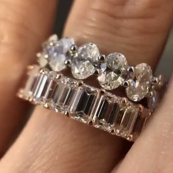 

cluster rings luxury 925 silver pave oval emerald cut full square cz eternity band engagement wedding ring simulated diamond jewelry, Golden;silver