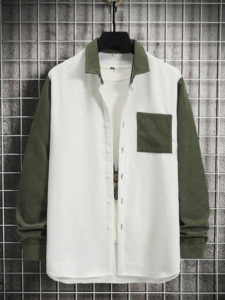 

romwe guys colorblock corduroy button front shirt without tee a2rf#, White;black