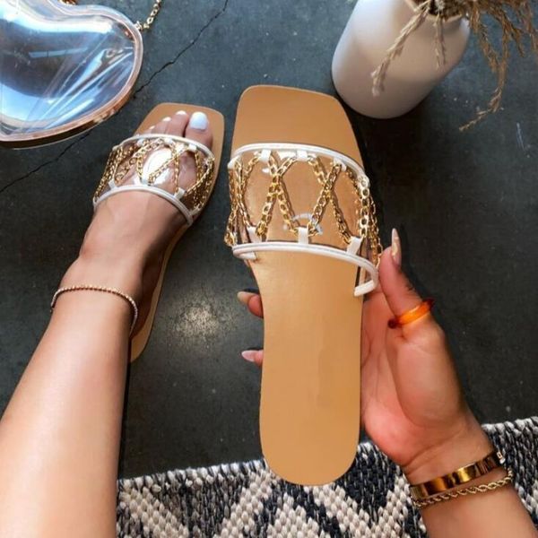 

slippers 2021 summer women flat metal female large size square head wild casual chain transparent cross simple sandals, Black