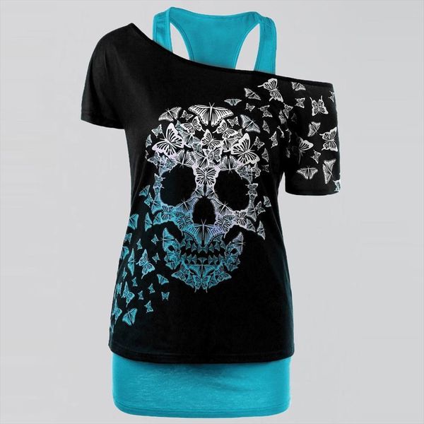 

plus size fashion butterfly womens shirt skull print cold shoulder casual ladies female women short sleeve blusas pullover, White