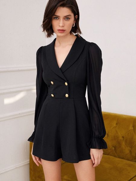 

contrast mesh double breasted shawl collar romper t29r#, White