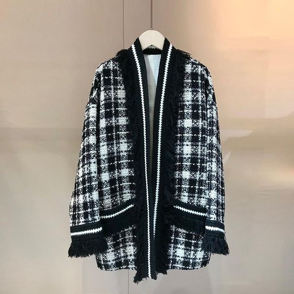 

women's wool & blends 2021 autumn winter black white plaid tassels long sleeve open stitch jackets