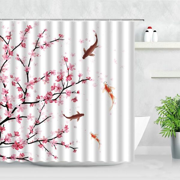 

pink plum flowers shower curtains fabric bathroom decor screen floral chinese style carp ink painting art hooks curtain