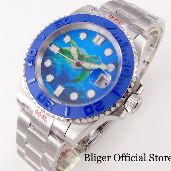 

bliger 40mm blue business nh35a men's clock self-winding born bezel insert date magnifying glass kroon, Slivery;brown