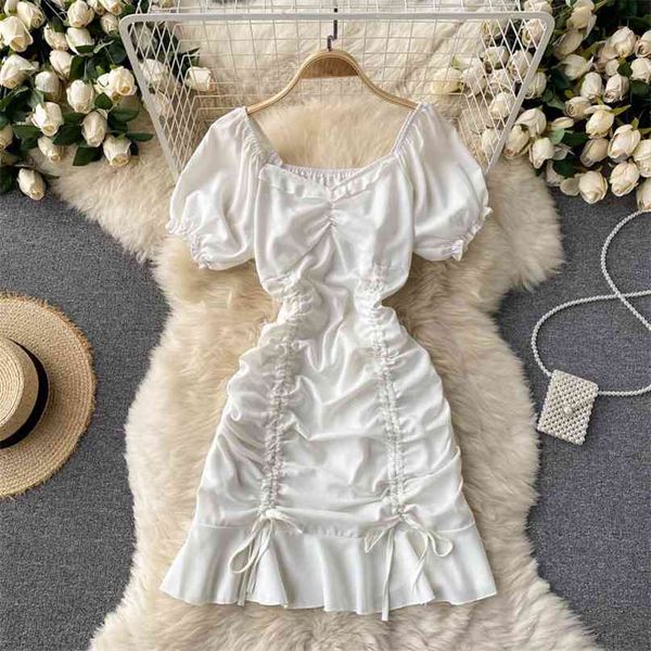 

summer chic drawstring ruched mini dress women white black puff short sleeve v-neck high waist ruffles casual party 210603, Black;gray