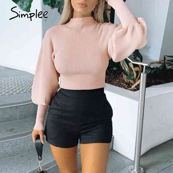 

simplee autumn winter knitted sweater high collar lantern sleeve loose womens sweater high street fashion pullover 2021 jumper, White;black