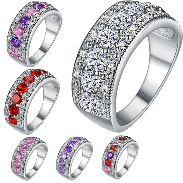 

women 925 solid sterling silver ring with aaa zircon red &purple crystal rhinestone band rings size 6 7 8 9 wholesale
