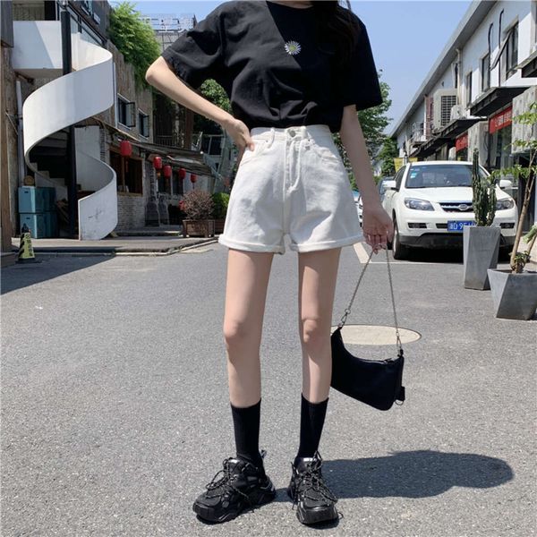 

women's jeans 2021 summer fat mm large denim shorts high waist white curly edge show loose thin fashion s1ri, Blue