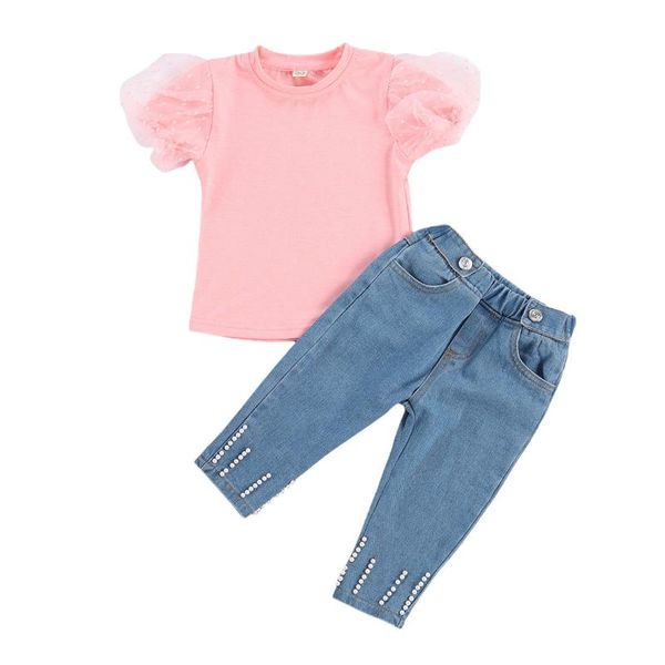 

clothing sets 1-6y fashion kids girls clothes lace puff sleeve solid pullover t shirts pearl blue denim pants, White