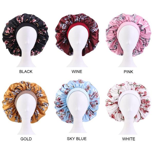 

beanie/skull caps wide brim elastic band night sleep women's satin printed hair care hats fashion soft smooth beauty bonnets, Blue;gray