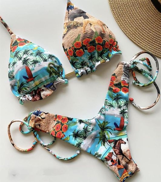 

bikinis women 2021 print swimwear high waist swimsuit bandage bathing suits beach wear biquini female one-piece