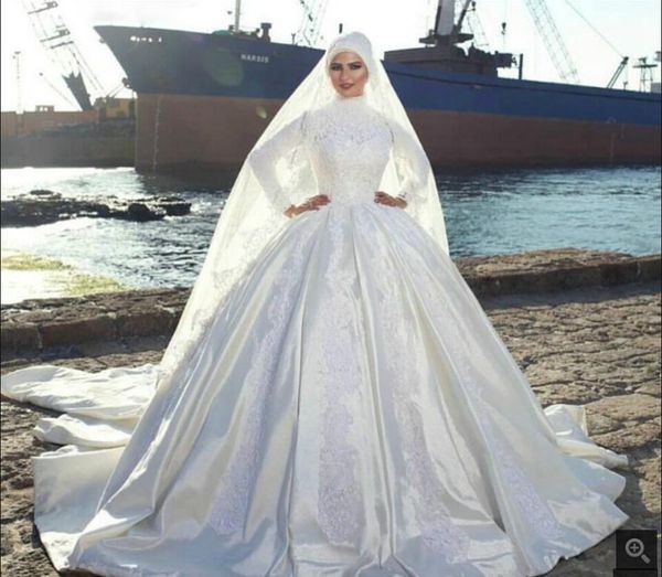 

vestido de festa white satin ball gown modest wedding dresses high neck long sleeve muslim women elegant bridal gowns princess plus size vin