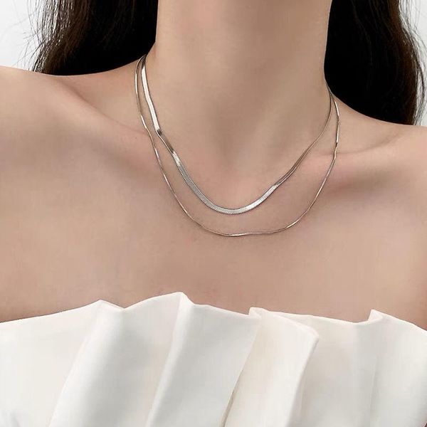 

chokers 2021 simple elegant titanium steel double layer flat necklace pendant korea fashion snake chain for woman jewelry, Golden;silver