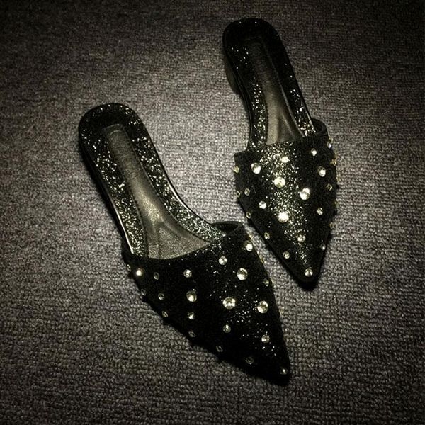 

slippers koovan women's slipper woman 2021 female rhinestone sandals fashion pointy summer footwears, Black