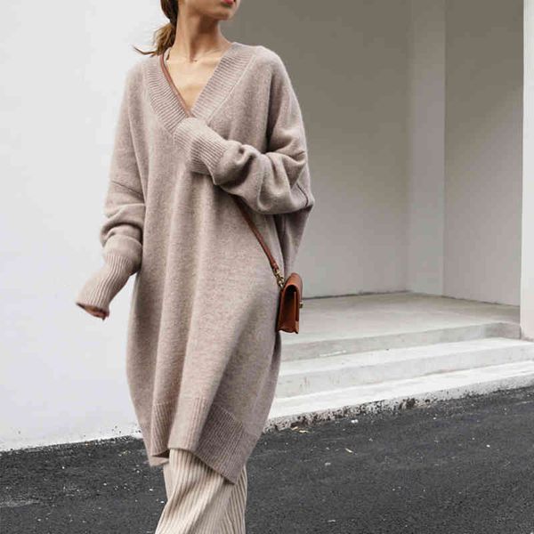 

winter women's large fashion v-neck mid-length knitted thick loose oversize wweater 210514, White;black
