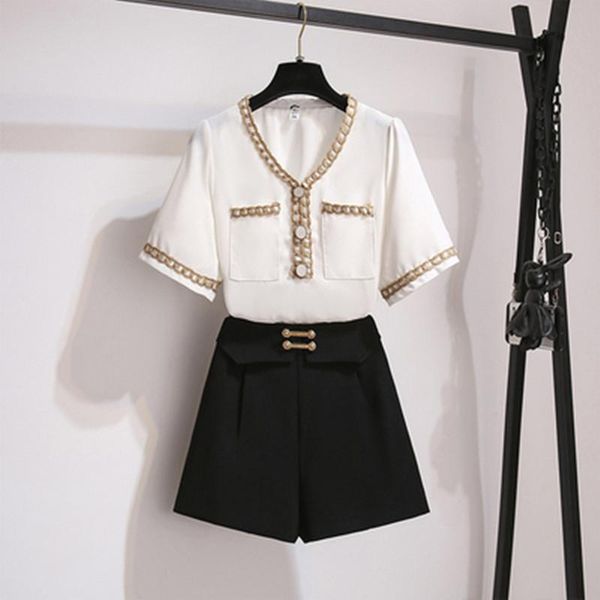 

high-end 2021 summer pattern women's suit v-neck fashion short sleeve chiffon shirt + casual slim wide leg shorts tracksuits, Gray