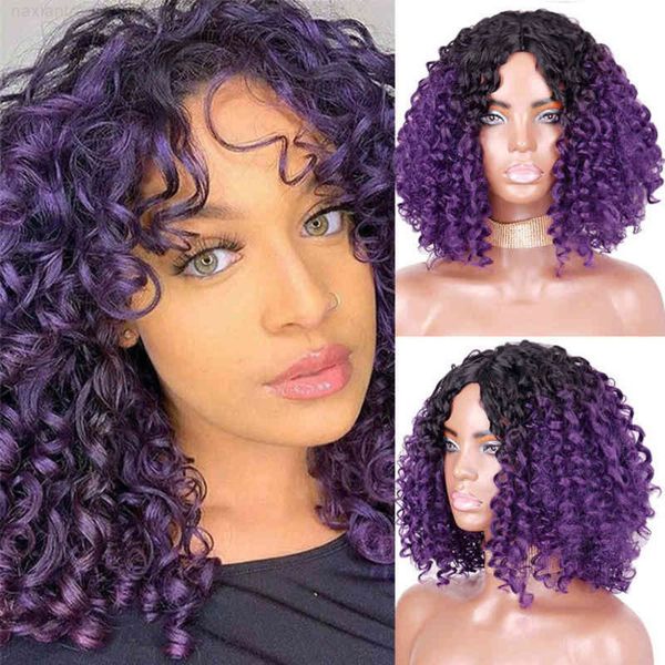 

wig black purple two-color gradient small volume middle split explosive chemical fiber high temperature silk wig head cover