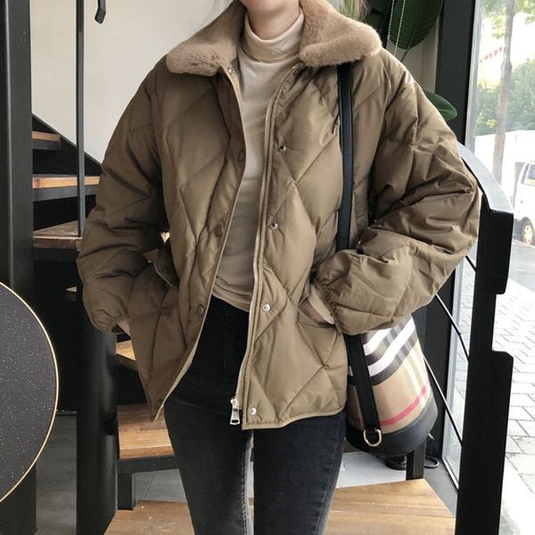 

winter jacket women basic coat ol loose faux fur collar thicken warm cotton padded solid parkas 210421, Black