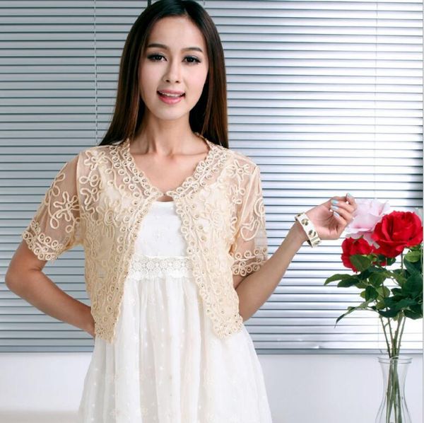 

women's sweaters 2021 women basic coat embroidery ribbon bead embellished short sleeve cardigan see-through sheer lace mesh bolero jack, White;black