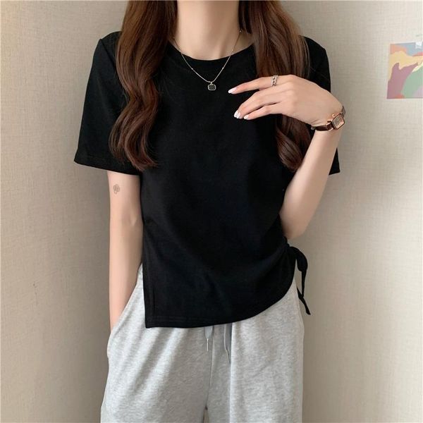 

women's t-shirt drawstring design o-neck short sleeve women summer cotton comfortable tshirt female solid tee girls korean fashion, White