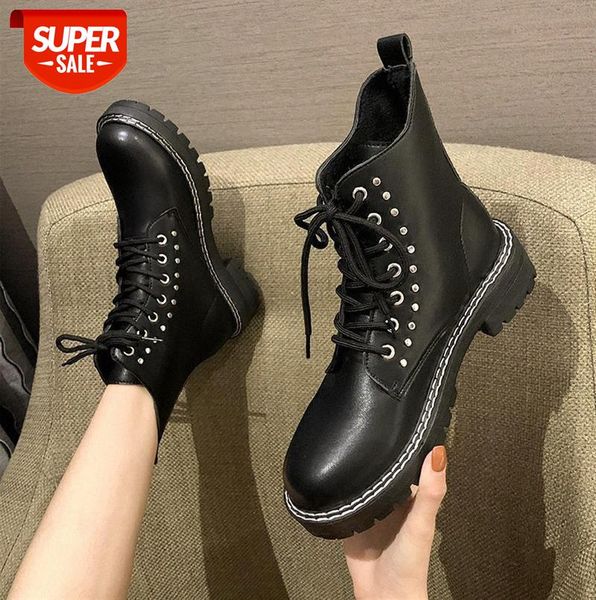 

studded martin boots women's british motorcycle flat leather short #d511, Black