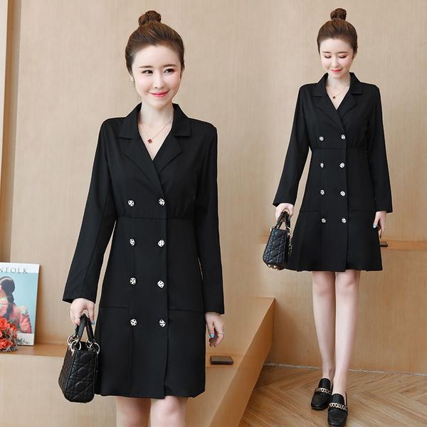 

plus size women dress spring high waist turn-down collar dresses black 8050 casual, Black;gray