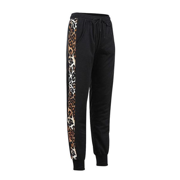 

women's pants & capris high waist female casual ankle-tie leopard side striped long women elastic jogger slim stretch trousers, Black;white