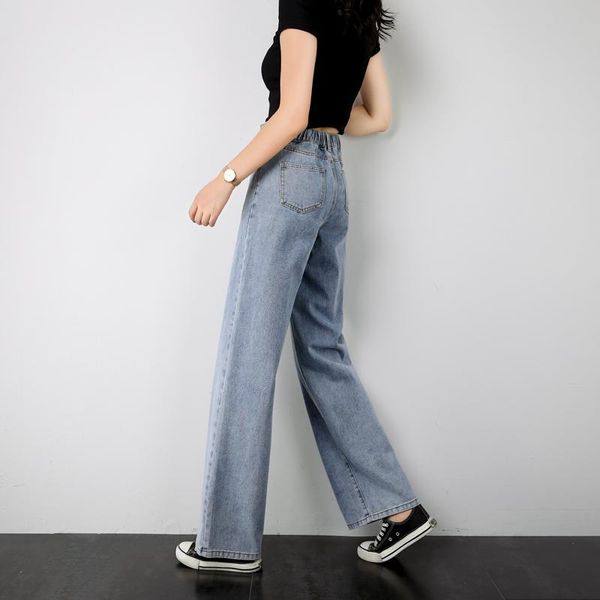 

stretch elastic waist loose high wide leg jeans for women vintage full-length boyfriend pants trousers women's, Blue