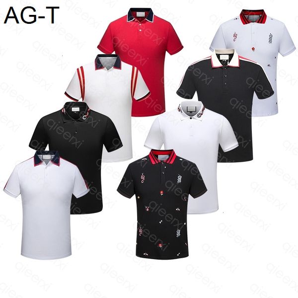 

mens polos shirt summer stripe t shirts snake bee floral embroidery short sleeve elastic and breathable t-shirt high street horse asian size, White;black