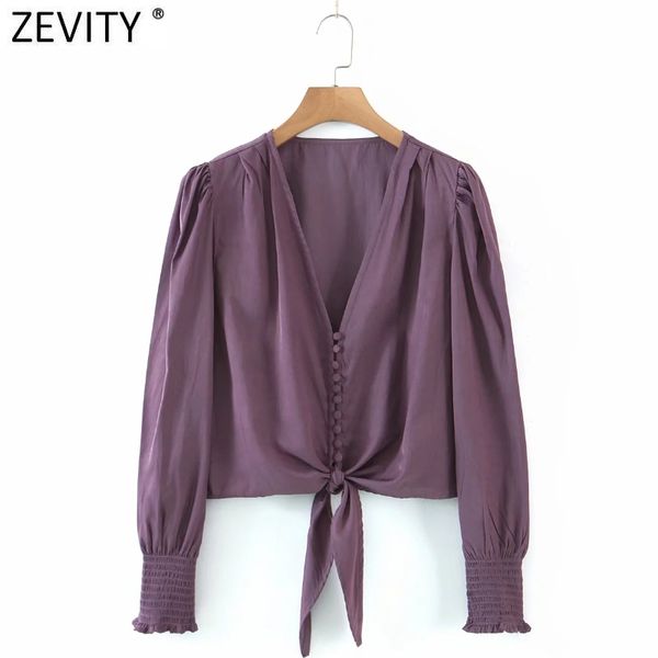 

zevity women vintage v neck single breasted hem knotted short shirt female puff sleeve blouse roupas chic chemise ls9092 210419, White