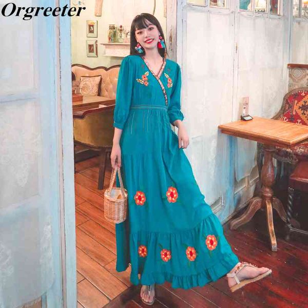 

large size summer bohemian floral embroidery beach holiday maxi dress v-neck half sleeve sequined chic big swing long 210525, Black;gray