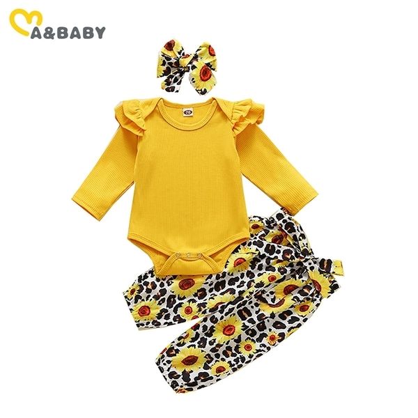 0-18M Herbst Baby Mädchen Kleidung Set geboren Säuglingskleidung Gestrickte Lange Hülsenspielanzug Leopard Sonnenblumen Hosen Outfits 210515