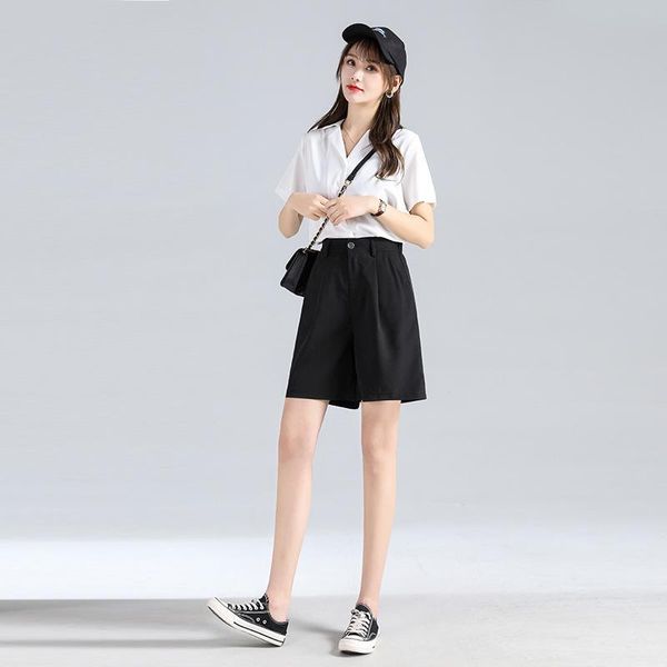 

men's shorts suit women's summer wide-leg ice silk high-waisted loose outer wear thin straight casual drape five-point pants, White;black