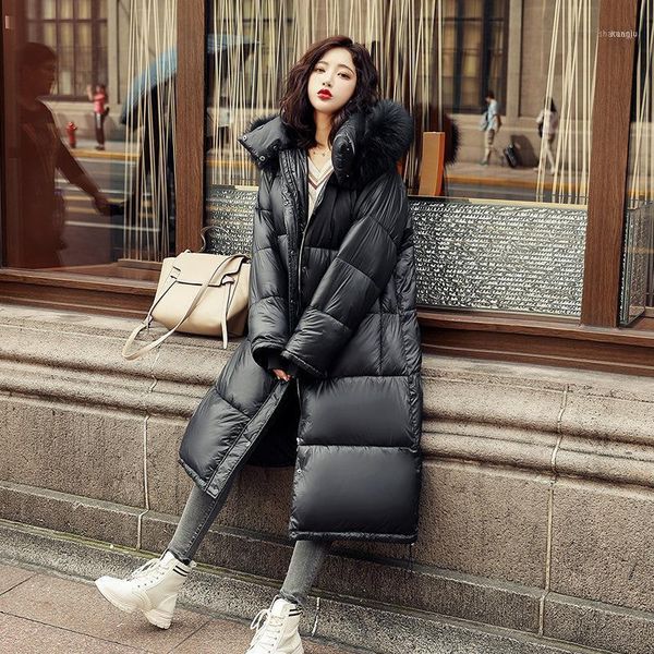 

fashion x-long glossy parka women winter jacket cotton padded warm thicken big fur collar long coats womens jackets1, Black