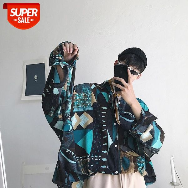 

2019 summer men's fashion casual loose floral printing shirts long sleeve hawaiian homme green/blue color clothes -2xl #dk4y, White;black
