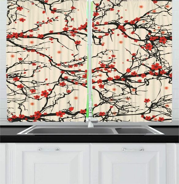 

curtain & drapes brown vermilion japanese kitchen curtains nature cherry blossom sakura branch flowers art print for cafe decor