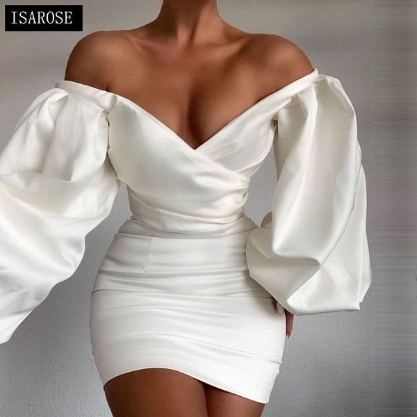 

isarose satin silk dress long lantern sleeves off-shoulder white party double layers spring autumn one-piece mini dresses 210422, Black;gray