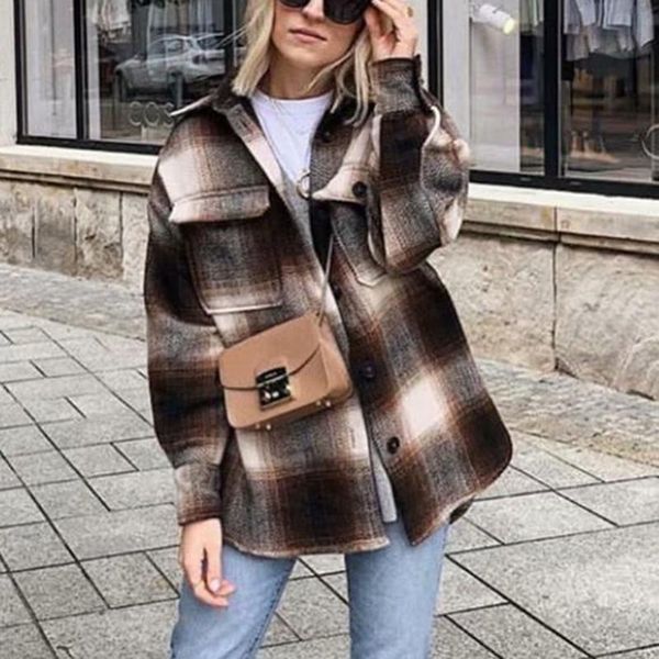 

women's wool & blends vintage woolen overcoats women fashion lapel long sleeve thick loose plaid coats elegant streetwear girls chic ov, Black
