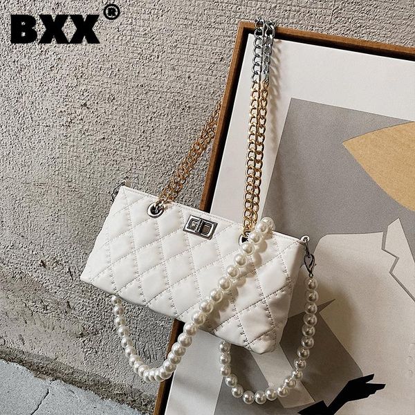 

[bxx] vintage pu leather bags simple women 2021 fashion pearl chain shoulder hand bag lady trend handbags purses cb700