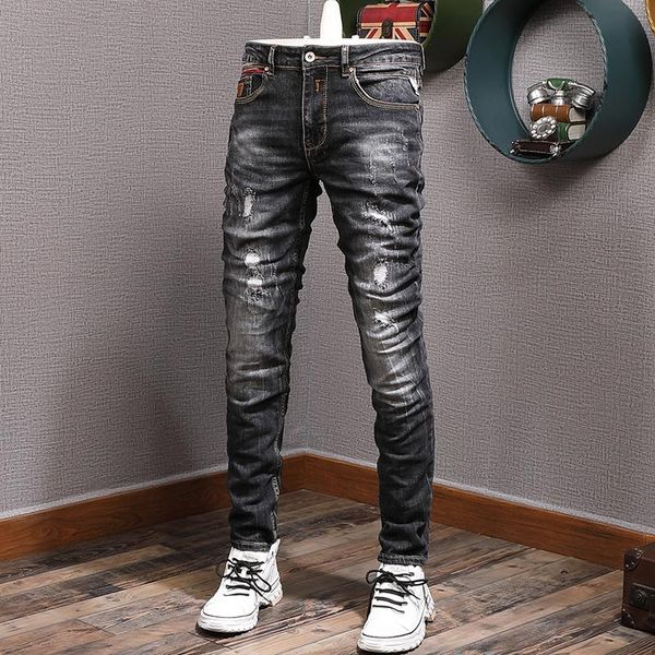 

men's jeans european vintage fashion men elastic slim fit ripped streetwear patched designer casual denim pants, Blue