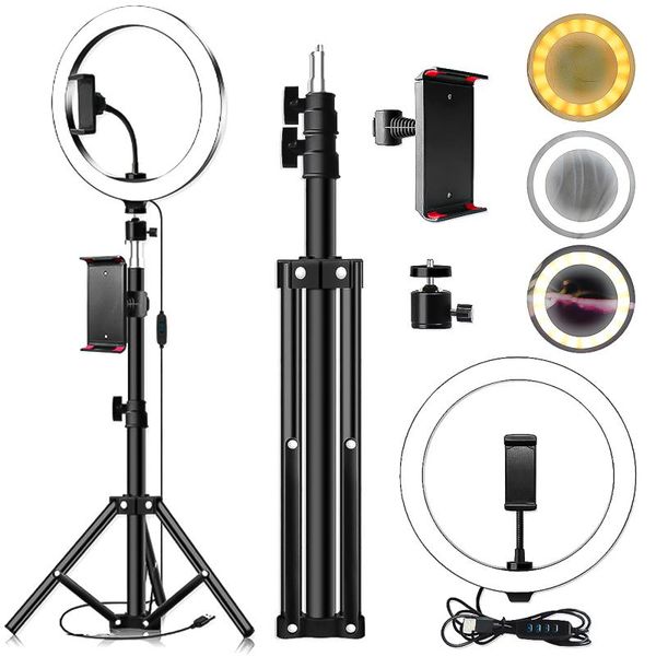

26cm led ring light dimmable live video set with tripod tablet clip flash heads