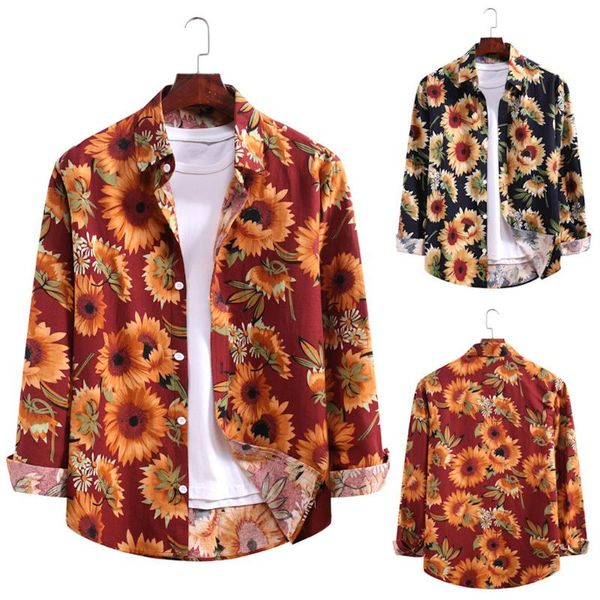 

men shirt floral print sunflow autumn long sleeve loose buttons casual blouse beach hawaii camicia da uomo caldo men's shirts, White;black