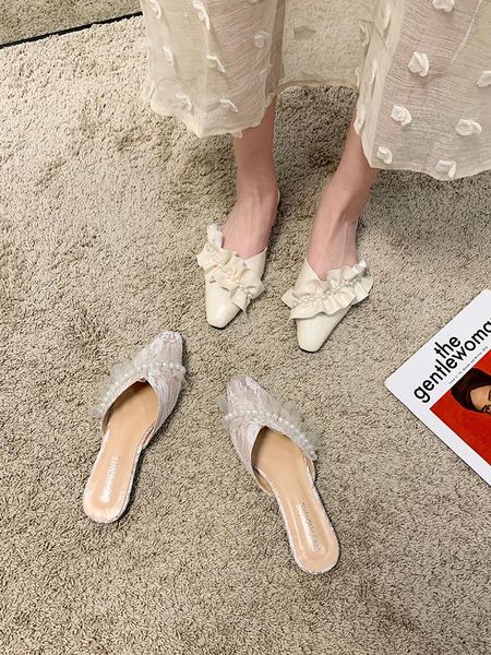 

flat shoes female butterfly-knot ladies' slippers low luxury slides slipers women lace summer designer 2021 soft pu floral basic, Black