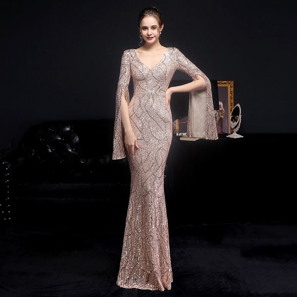 Elegante vestito maxi abito da sera con paillettes dorate donne abiti da ballo a maniche lunghe