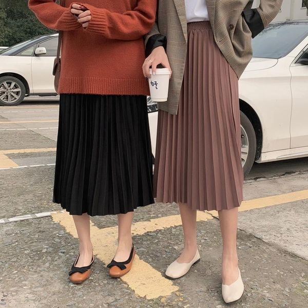 

spring and autumn pure color skirt sweet fashion retro high waist chiffon women's long a-line pleated skirts, Black